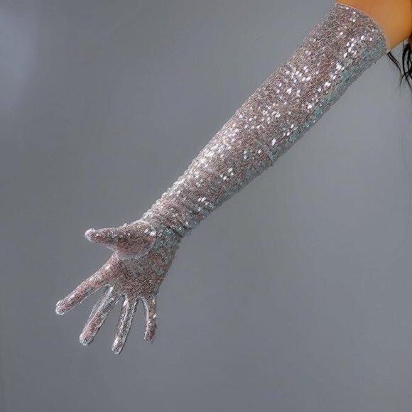 Long Sequins Mesh Silver Gloves - Picture 6 of 6